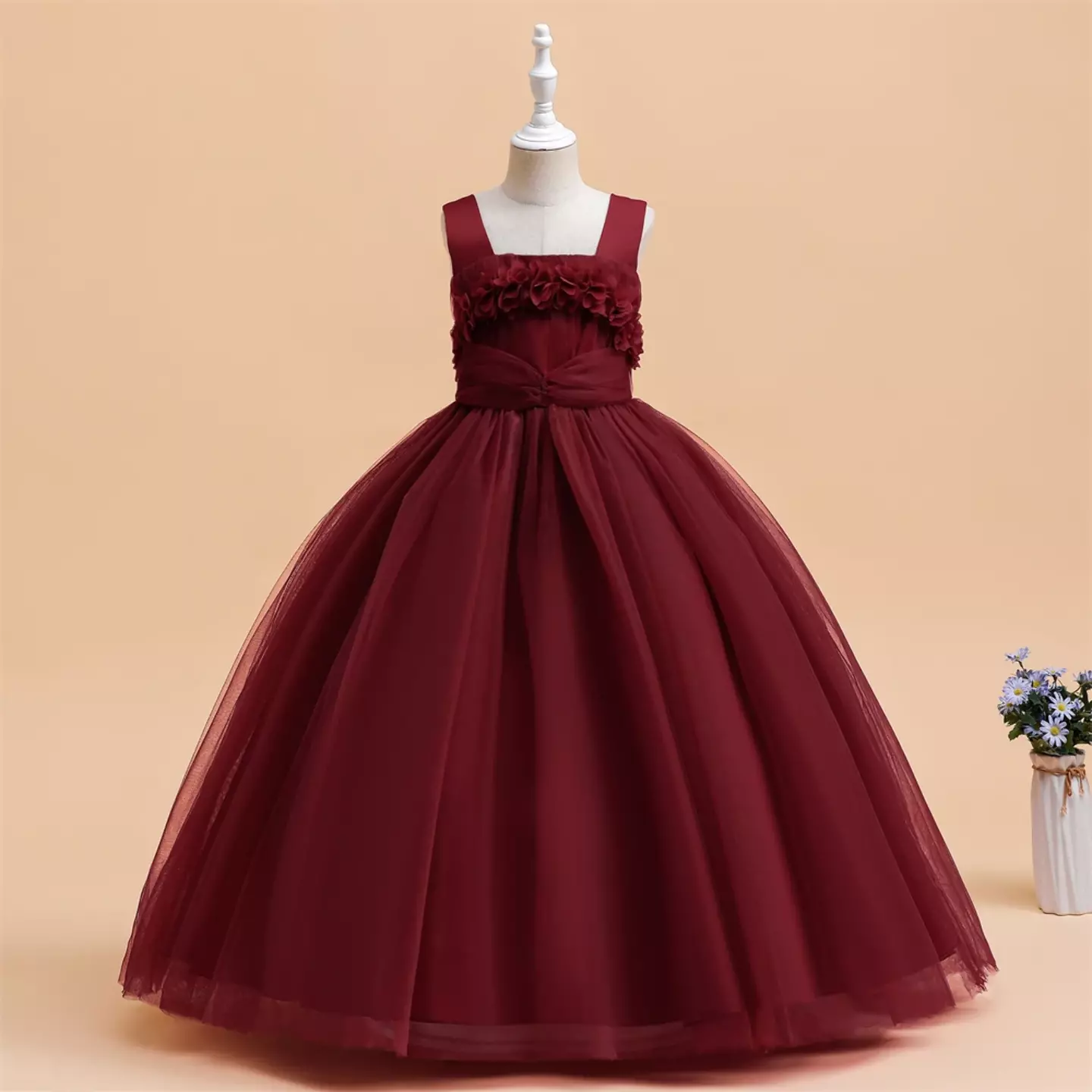 Simona II Maroon 3D Flower Square Neck Tulle Girls Party Dress
