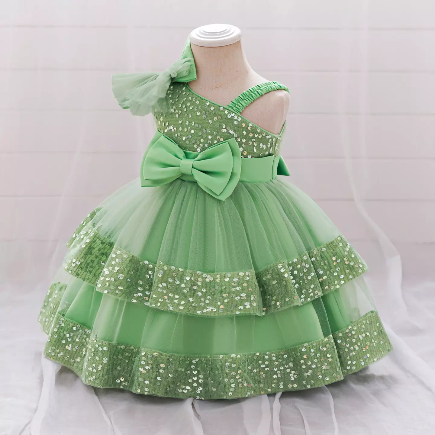 Yujin Green One-Shoulder Sequin Party Dress - Knee Length Baby Girls Birthday Dress