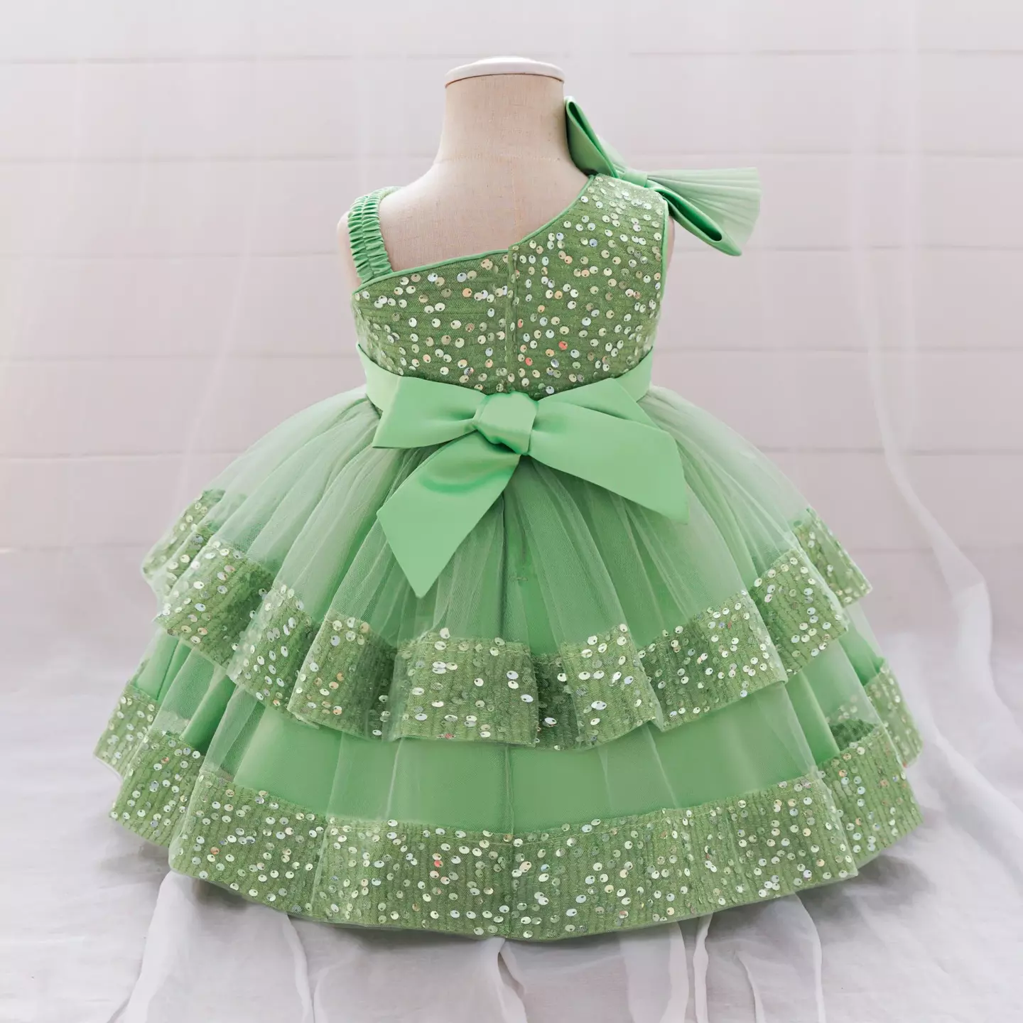 Yujin Green One-Shoulder Sequin Party Dress - Knee Length Baby Girls Birthday Dress