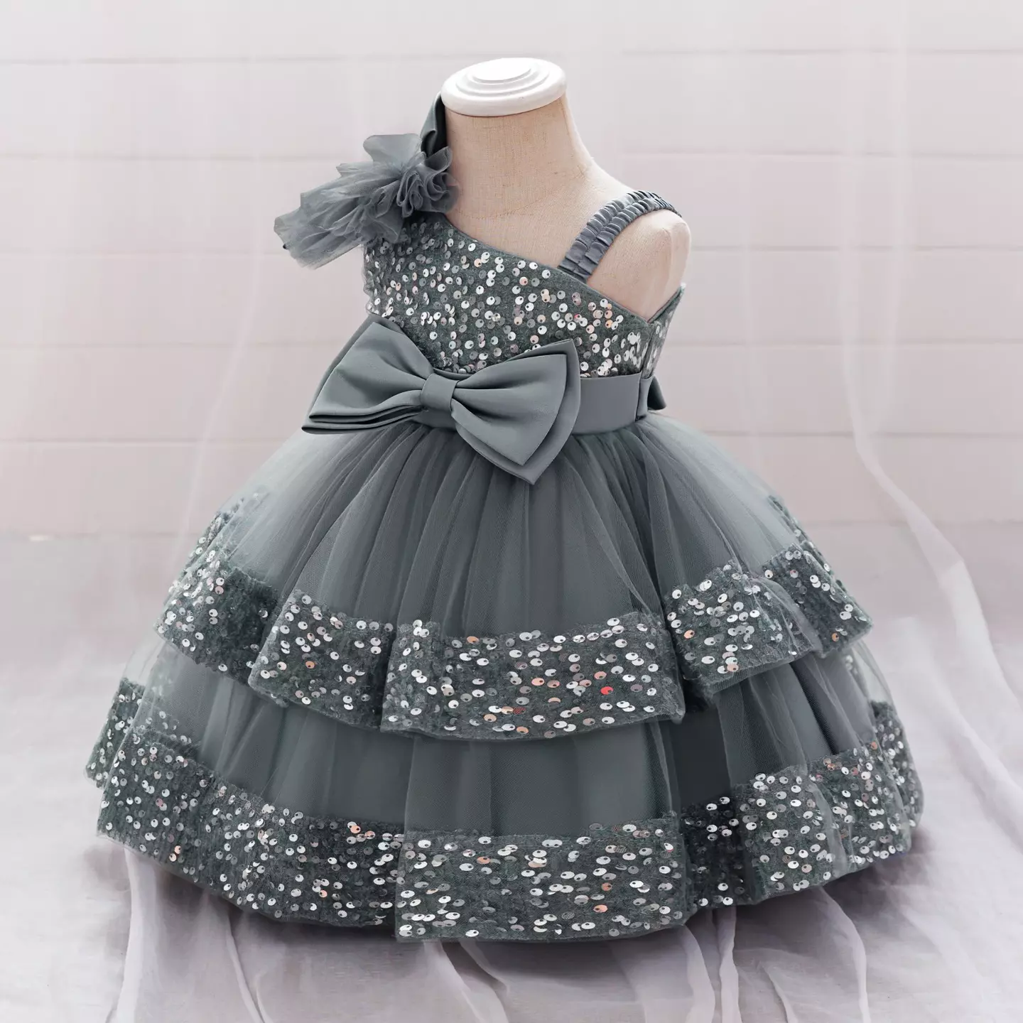 Yujin Grey One-Shoulder Sequin Party Dress - Knee Length Baby Girls Birthday Dress