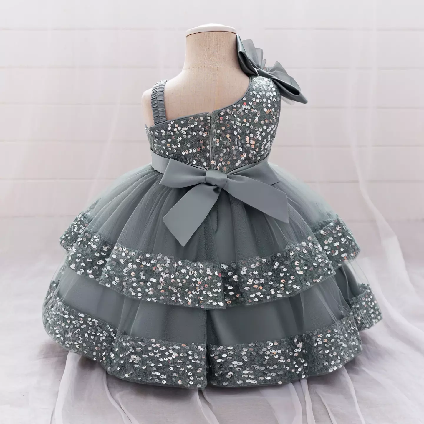 Yujin Grey One-Shoulder Sequin Party Dress - Knee Length Baby Girls Birthday Dress