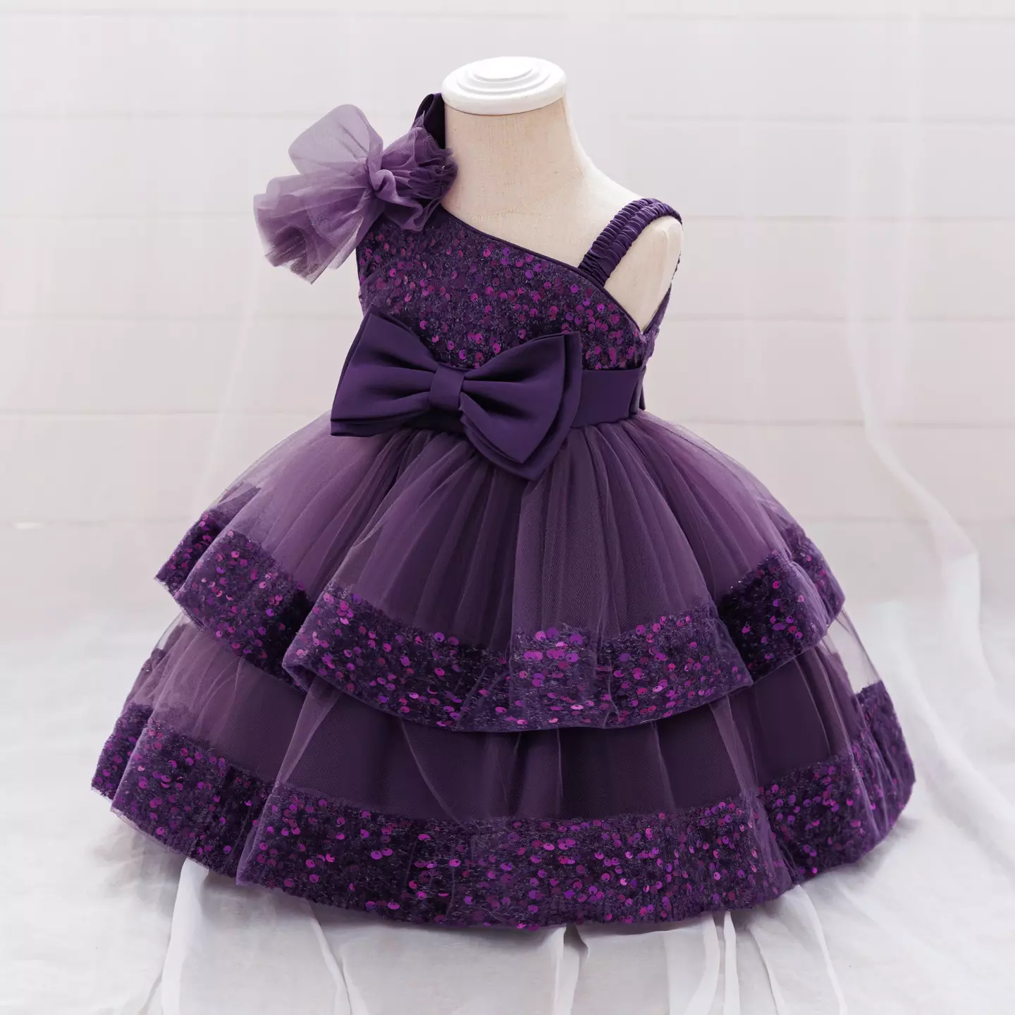 Yujin Purple One-Shoulder Sequin Party Dress - Knee Length Baby Girls Birthday Dress