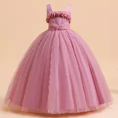 Simona II Dusty Pink 3D Flower Square Neck Tulle Girls Party Dress
