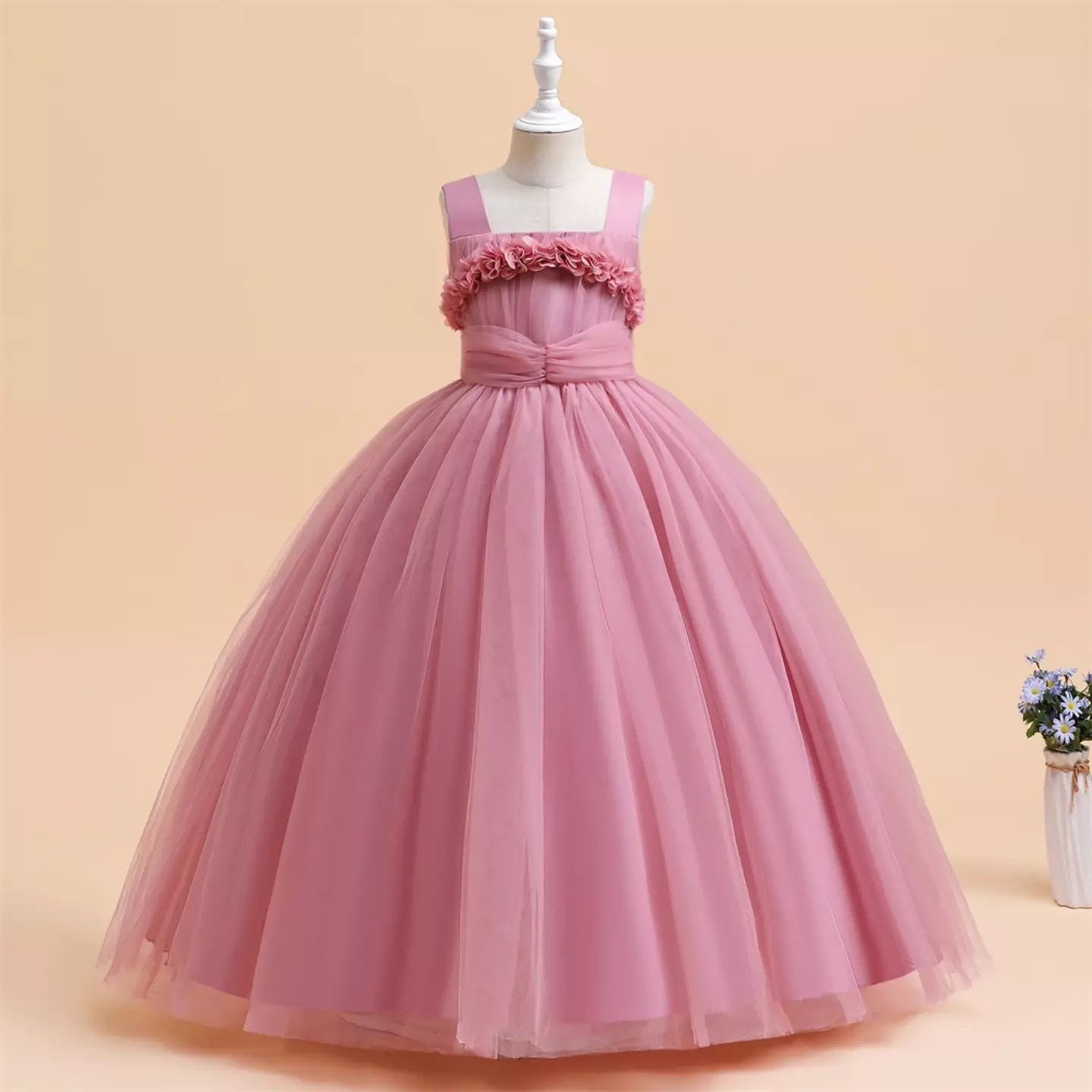 Simona II Dusty Pink 3D Flower Square Neck Tulle Girls Party Dress