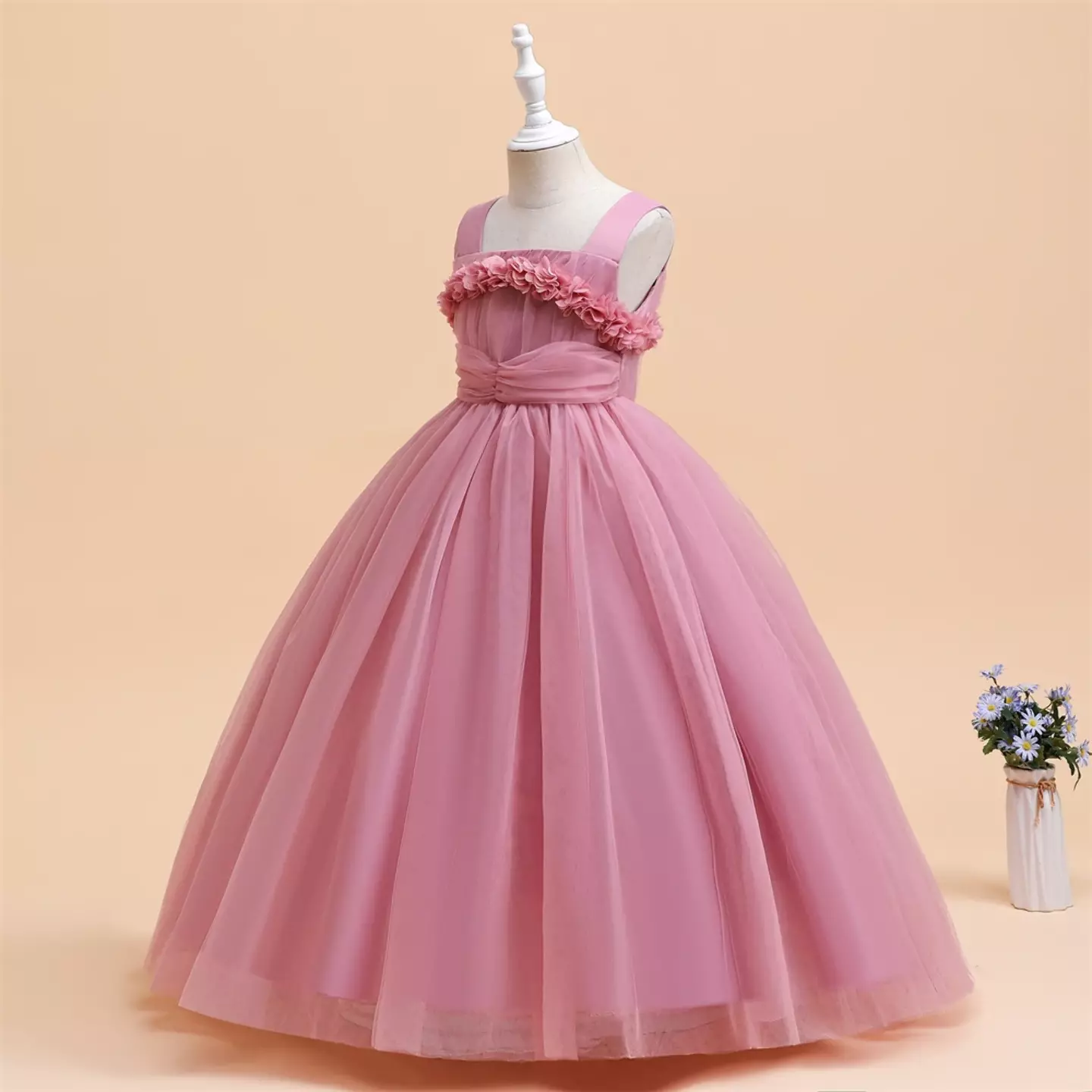 Simona II Dusty Pink 3D Flower Square Neck Tulle Girls Party Dress