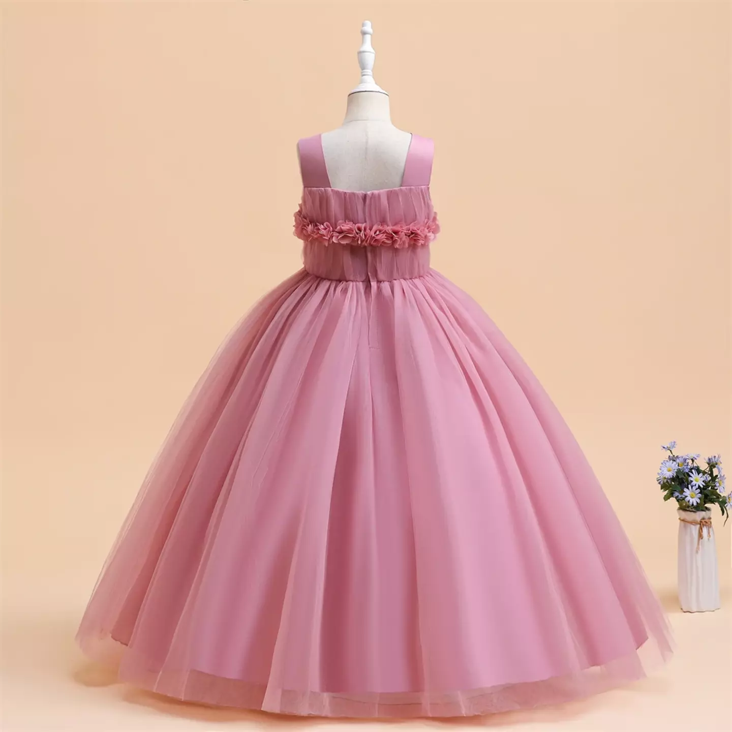 Simona II Dusty Pink 3D Flower Square Neck Tulle Girls Party Dress