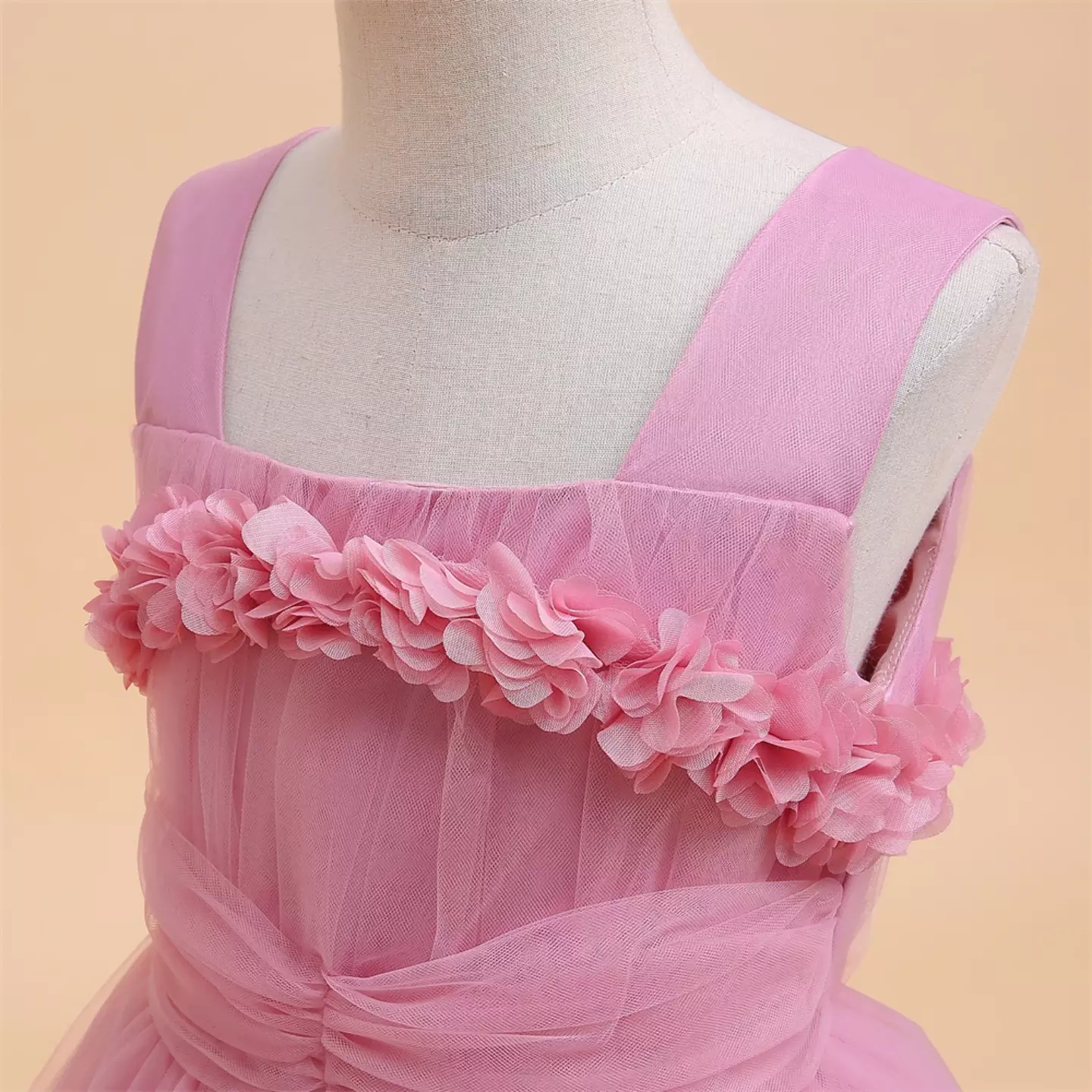 Simona II Dusty Pink 3D Flower Square Neck Tulle Girls Party Dress