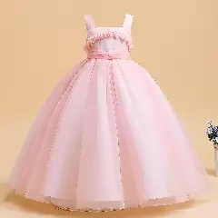 Simona II Peach Pink 3D Flower Square Neck Tulle Girls Party Dress