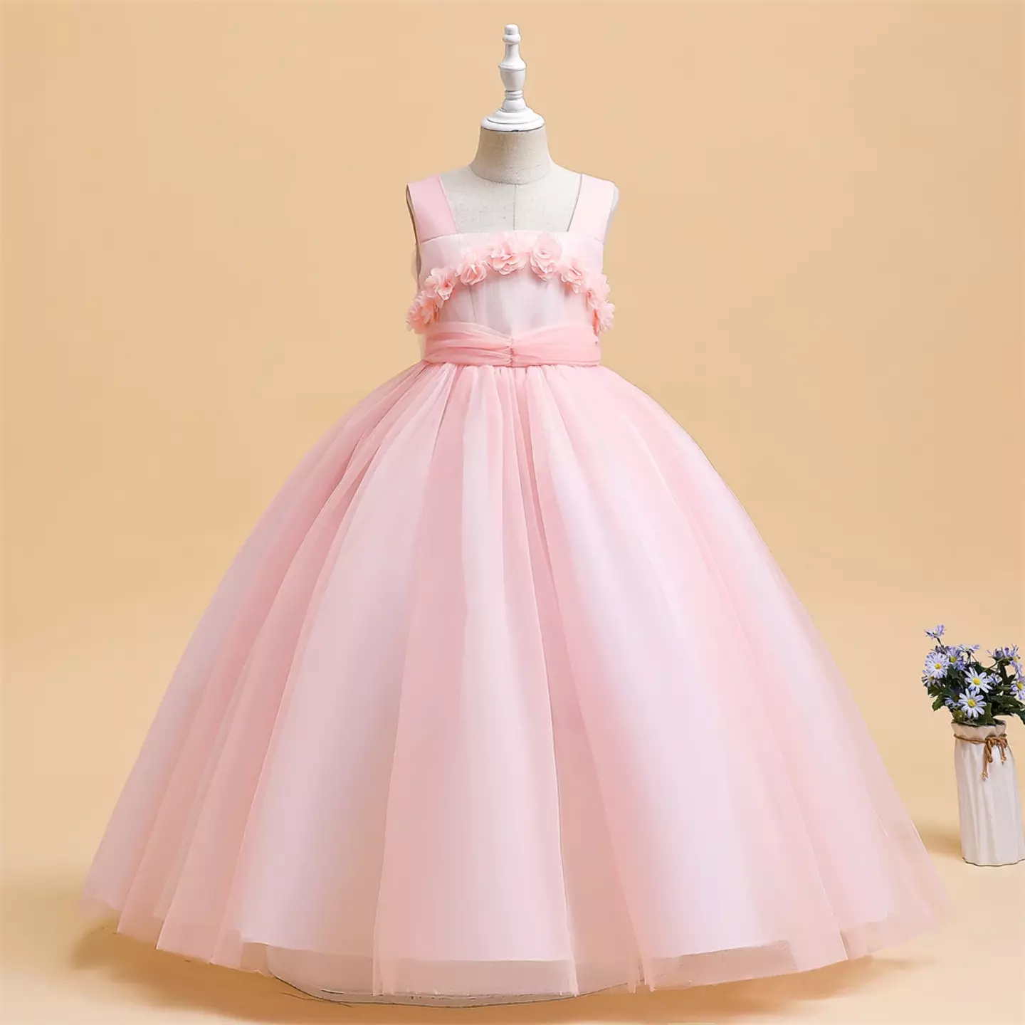 Simona II Peach Pink 3D Flower Square Neck Tulle Girls Party Dress