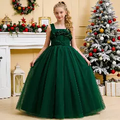 Simona II Forest Green 3D Flower Square Neck Tulle Girls Party Dress