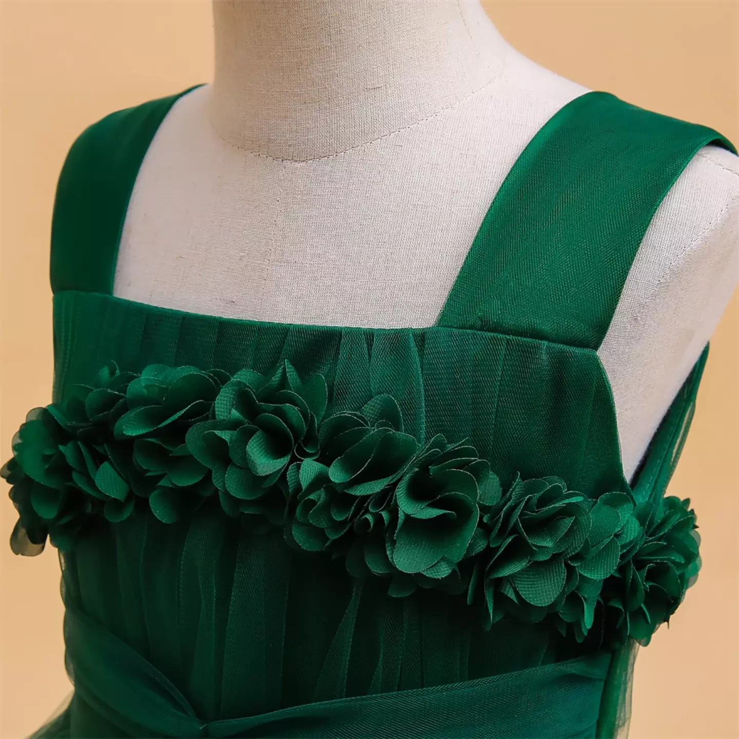 Simona II Forest Green 3D Flower Square Neck Tulle Girls Party Dress
