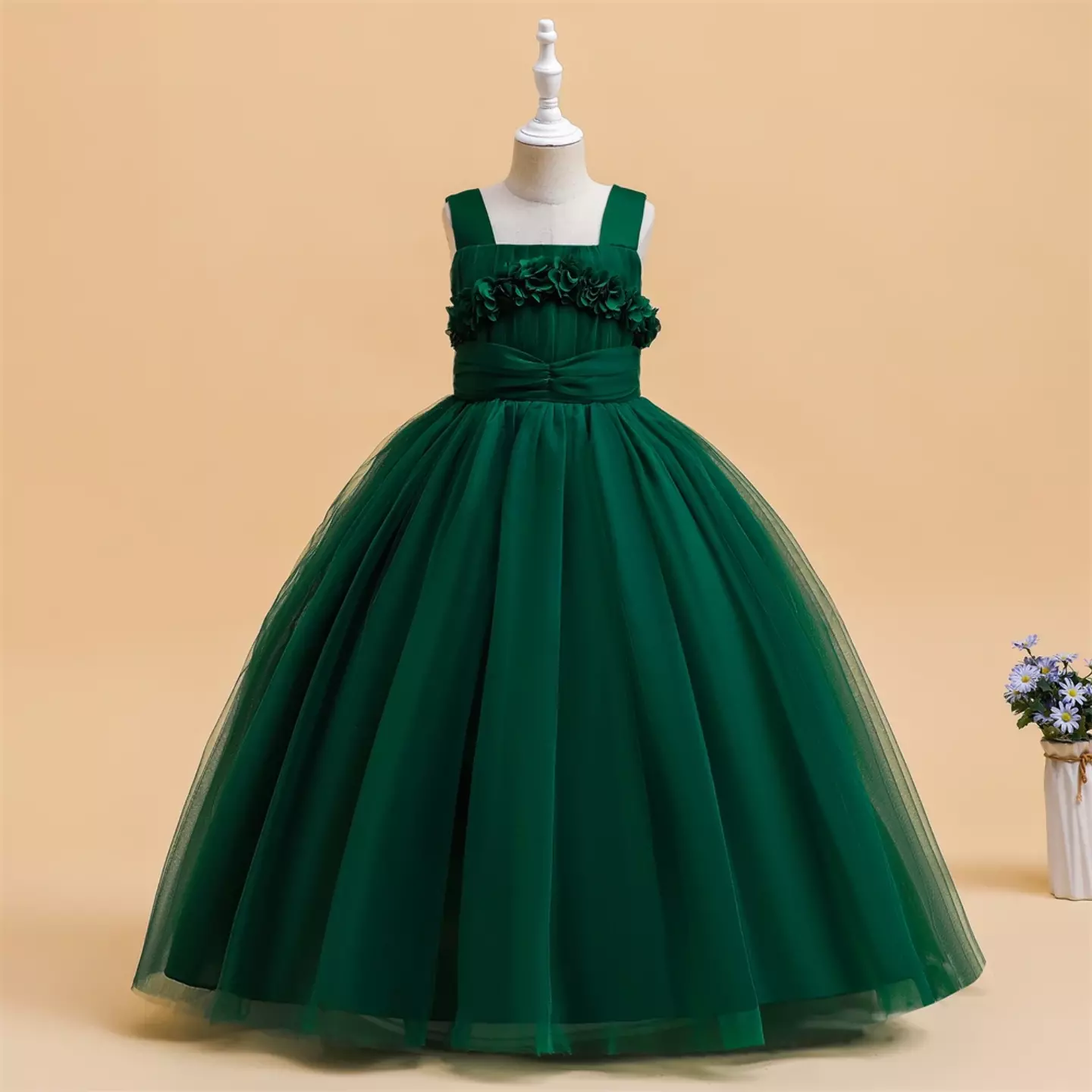 Simona II Forest Green 3D Flower Square Neck Tulle Girls Party Dress