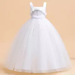 Simona II White 3D Flower Square Neck Tulle Flower Girl Dress