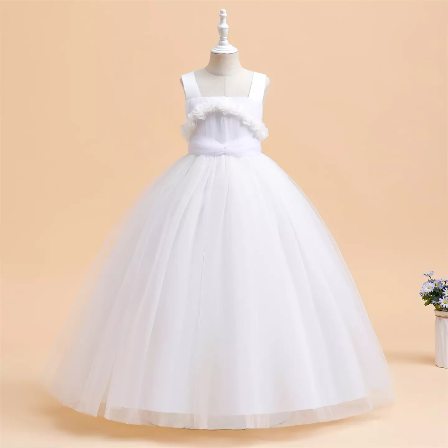 Simona II White 3D Flower Square Neck Tulle Flower Girl Dress