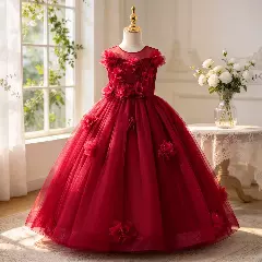 Sofia Maroon 3D Flower Tulle Ball Gown Girls Party Dress