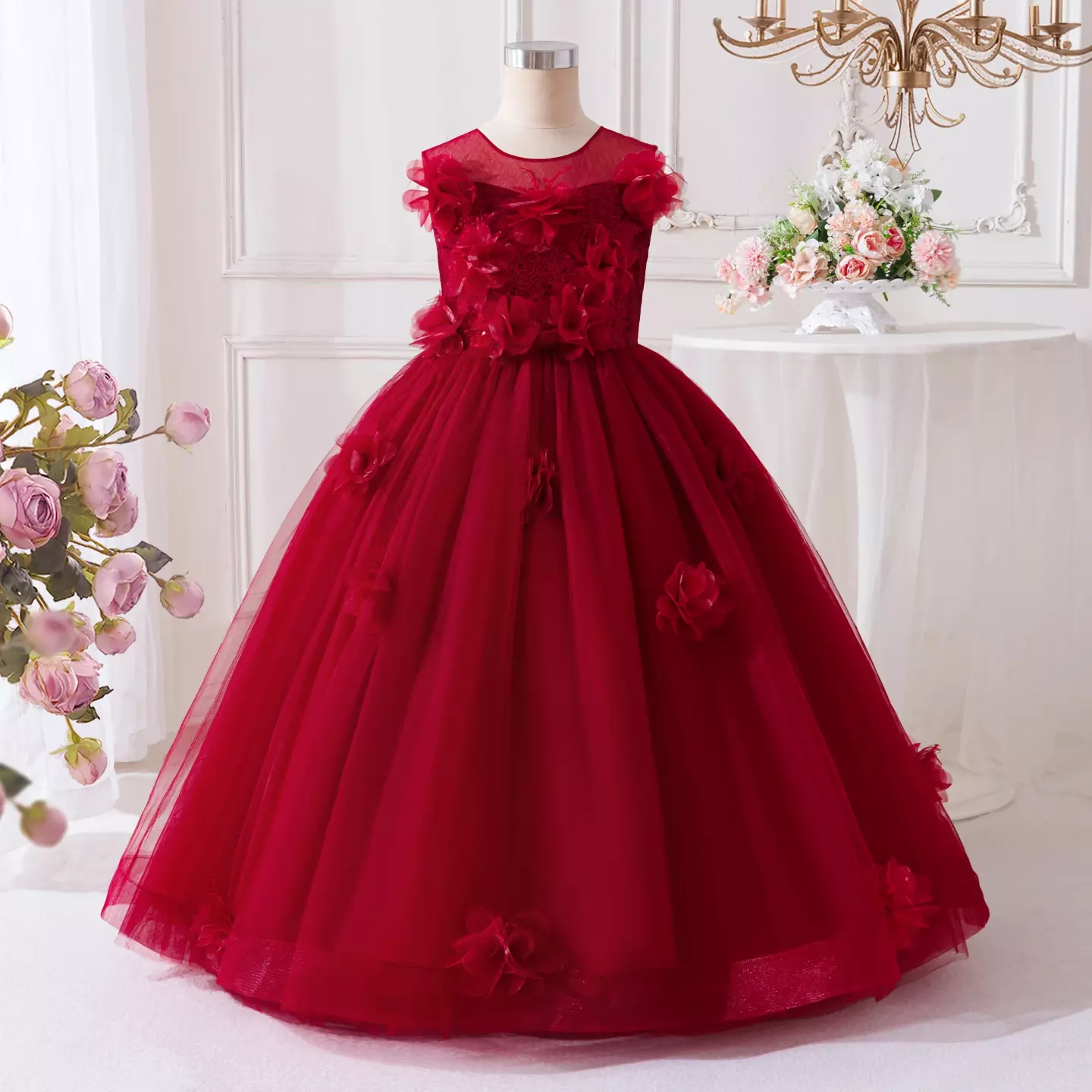 Sofia Maroon 3D Flower Tulle Ball Gown Girls Party Dress