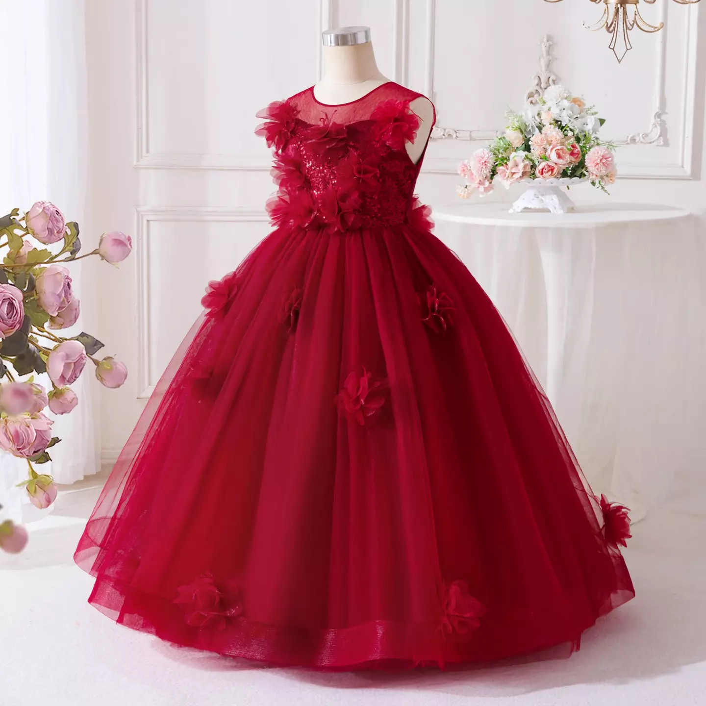 Sofia Maroon 3D Flower Tulle Ball Gown Girls Party Dress