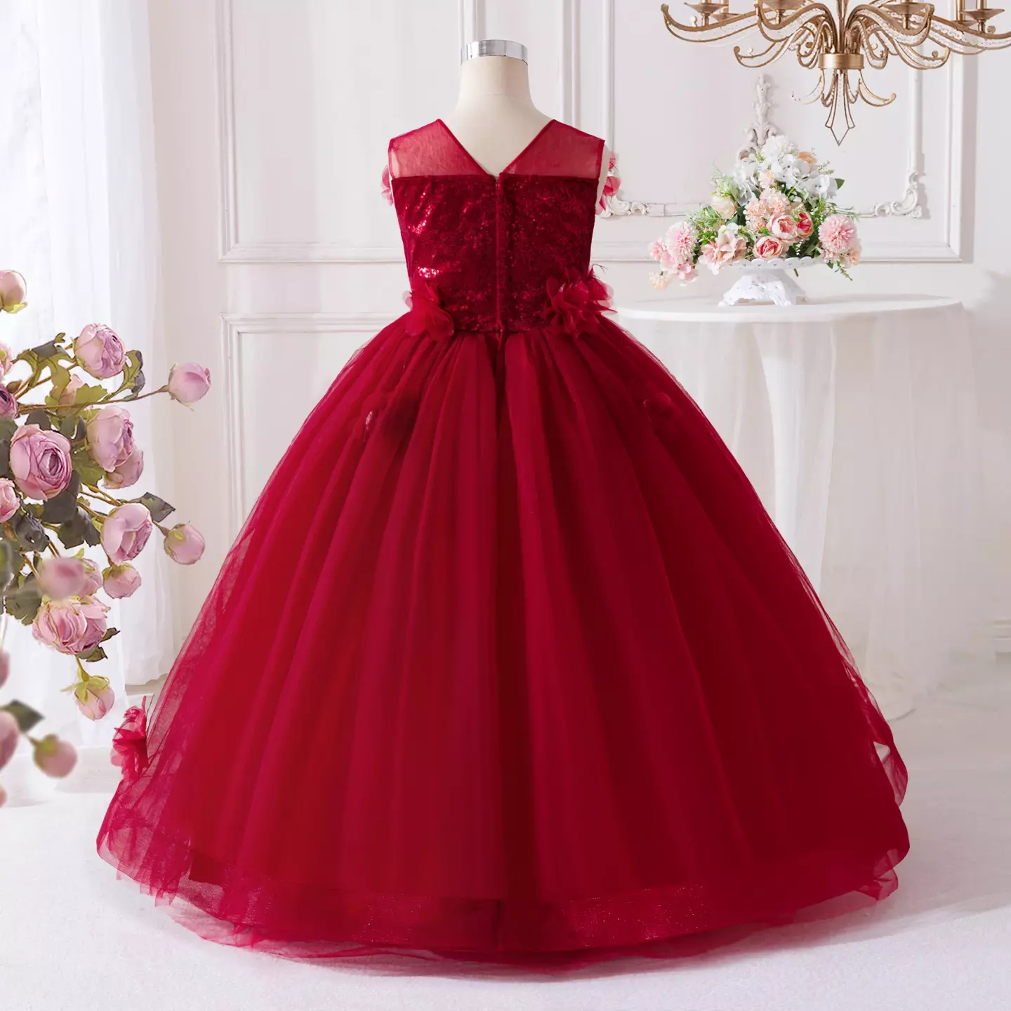 Sofia Maroon 3D Flower Tulle Ball Gown Girls Party Dress