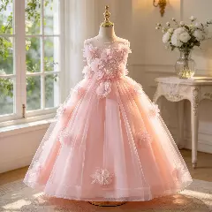 Sofia Peach Pink 3D Flower Tulle Ball Gown Girls Party Dress