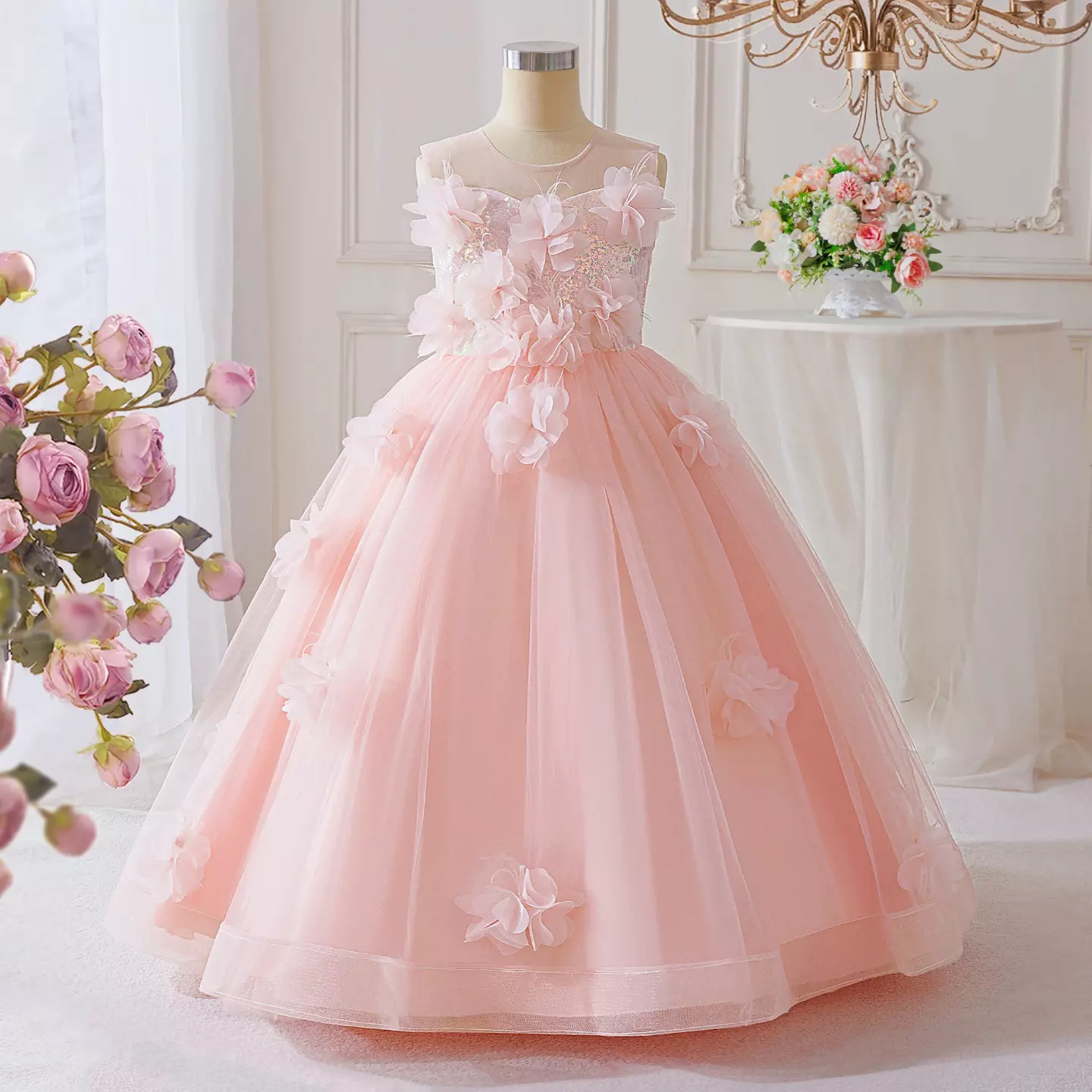 Sofia Peach Pink 3D Flower Tulle Ball Gown Girls Party Dress