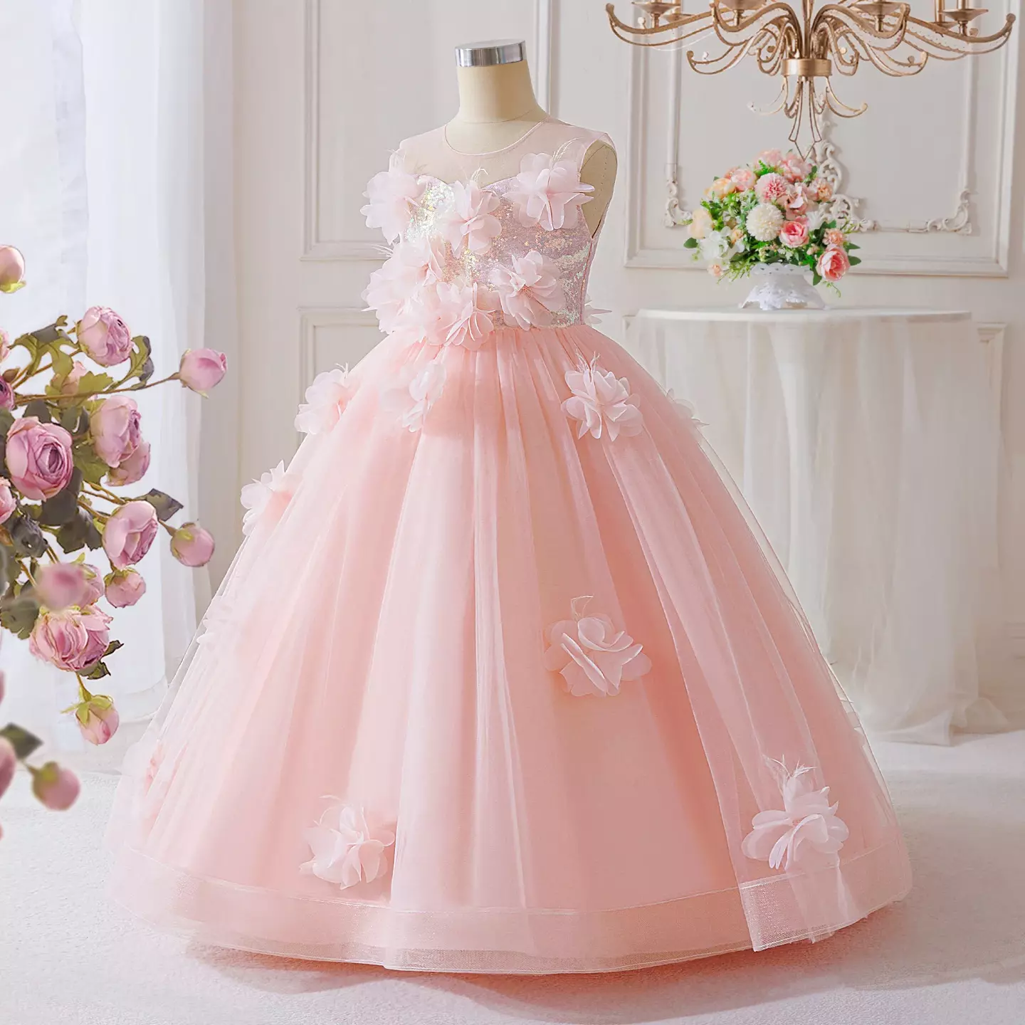 Sofia Peach Pink 3D Flower Tulle Ball Gown Girls Party Dress