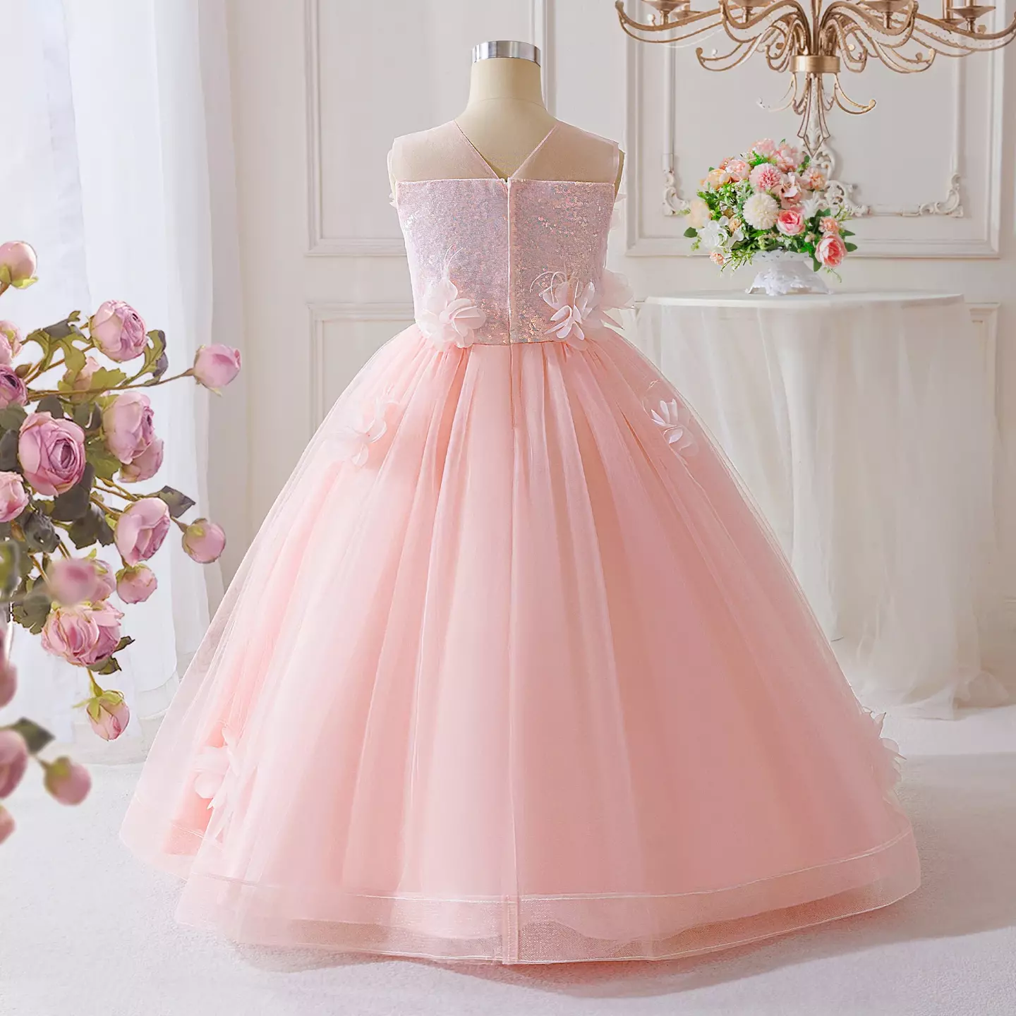 Sofia Peach Pink 3D Flower Tulle Ball Gown Girls Party Dress