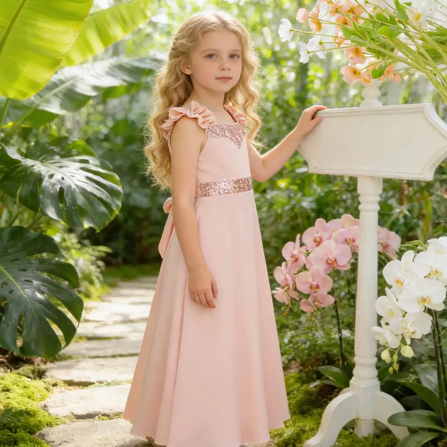 Moyuka Peach Pink Ribbon Strap Sequin Waist Girls Dress
