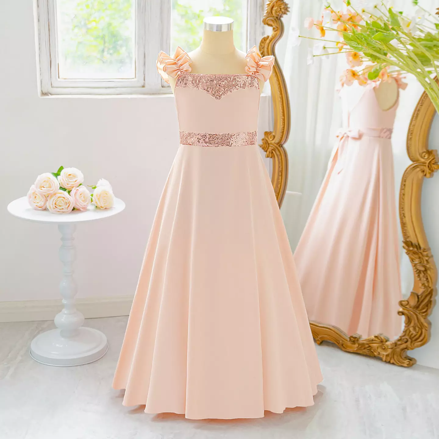 Moyuka Peach Pink Ribbon Strap Sequin Waist Girls Dress