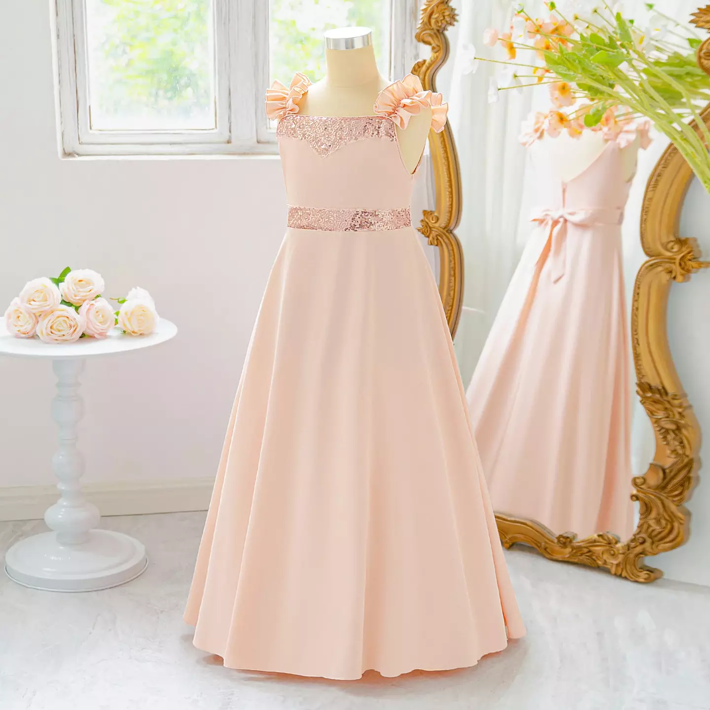 Moyuka Peach Pink Ribbon Strap Sequin Waist Girls Dress