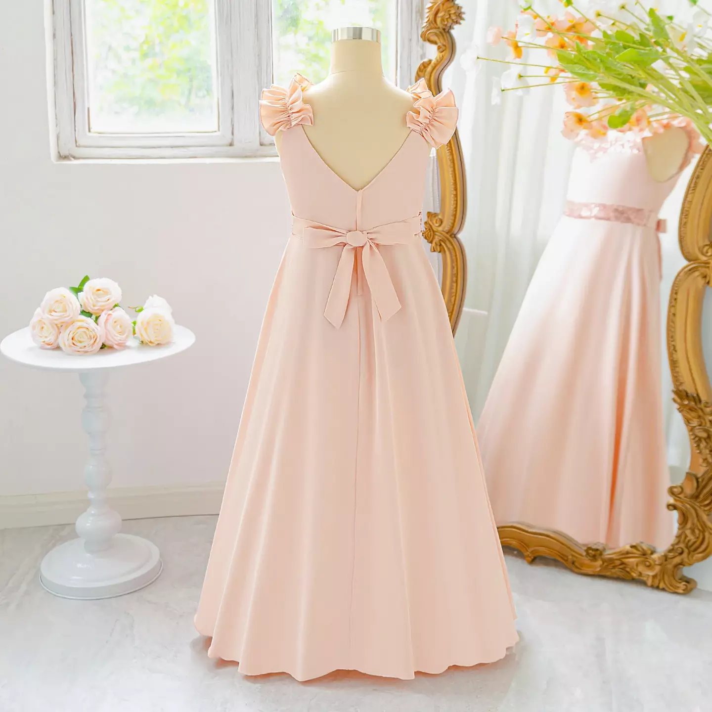 Moyuka Peach Pink Ribbon Strap Sequin Waist Girls Dress