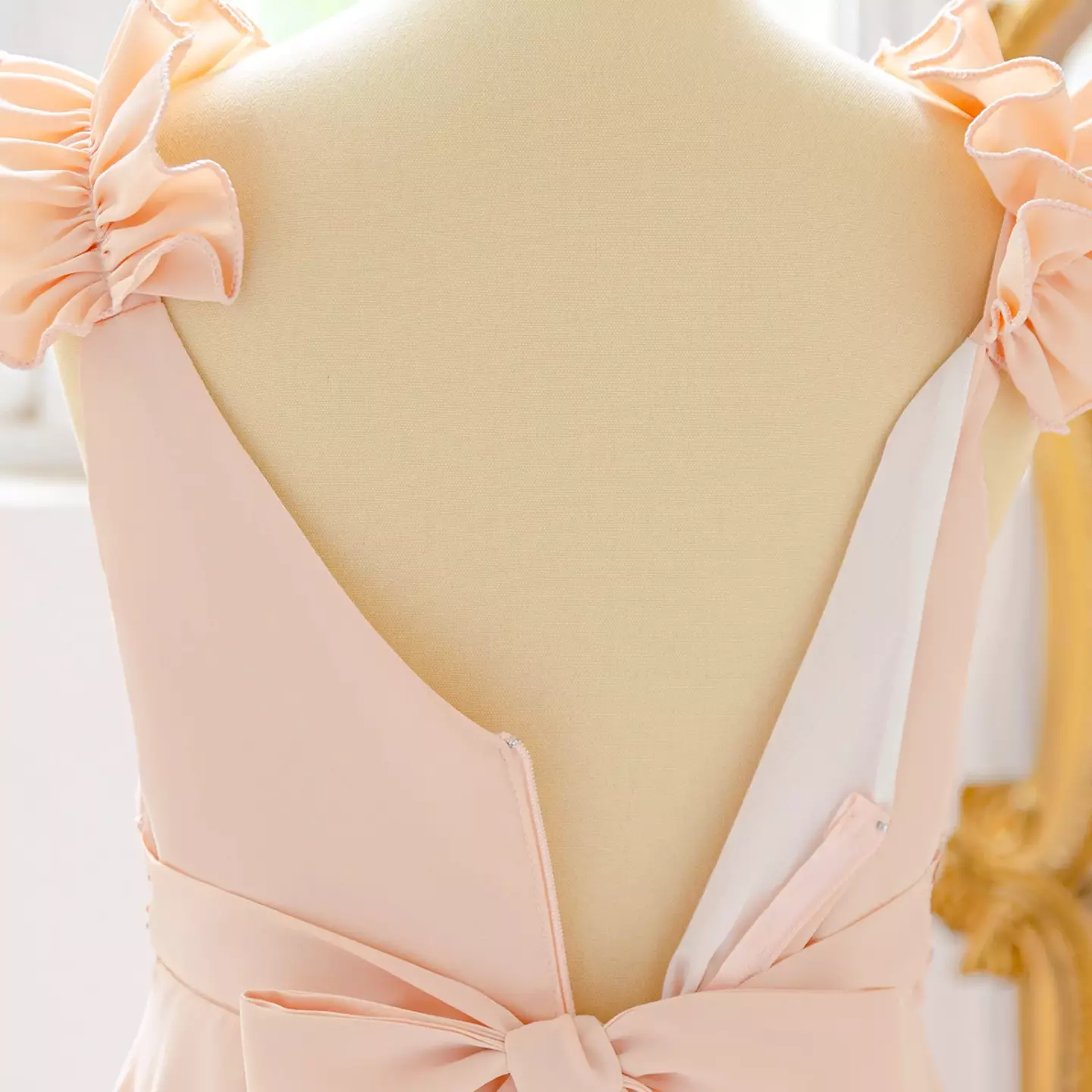 Moyuka Peach Pink Ribbon Strap Sequin Waist Girls Dress