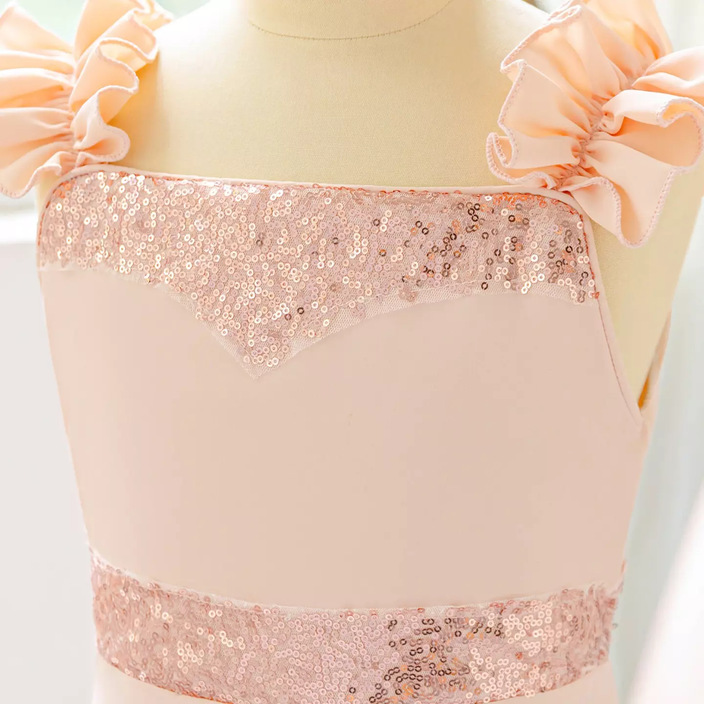 Moyuka Peach Pink Ribbon Strap Sequin Waist Girls Dress