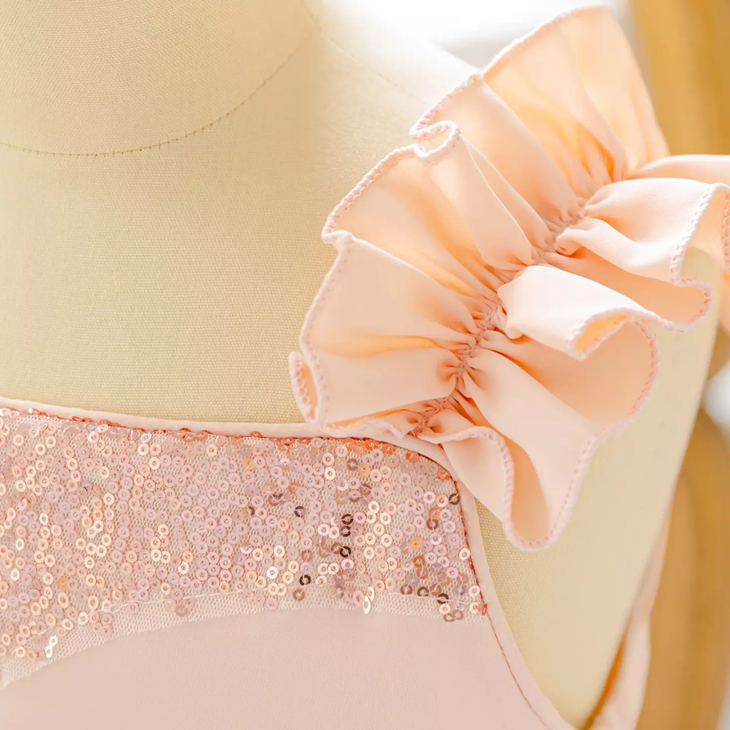 Moyuka Peach Pink Ribbon Strap Sequin Waist Girls Dress