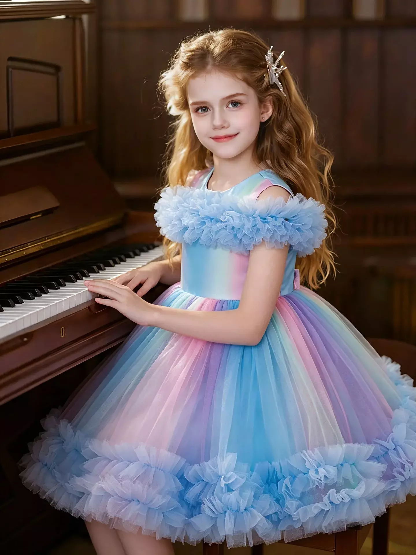 Leolia Blue Layered Tulle Knee Length Girls Party Dress