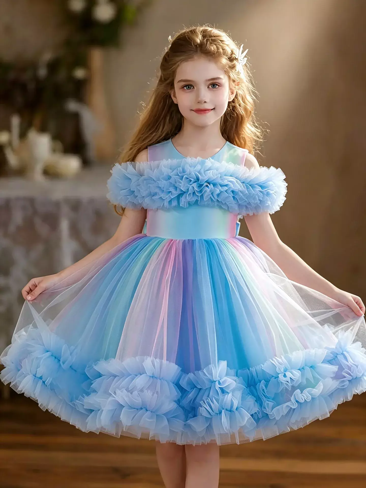 Leolia Blue Layered Tulle Knee Length Girls Party Dress