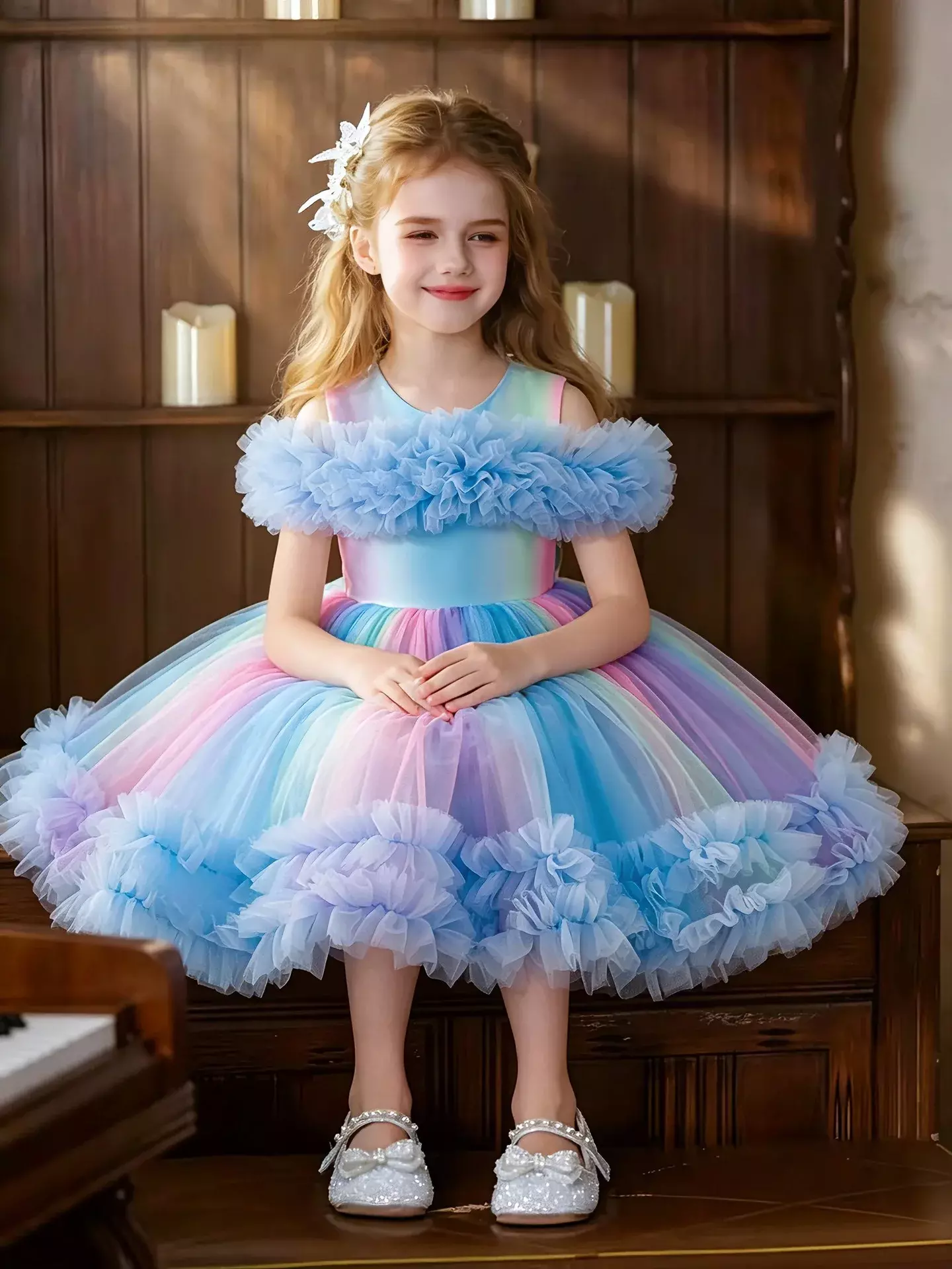 Leolia Blue Layered Tulle Knee Length Girls Party Dress