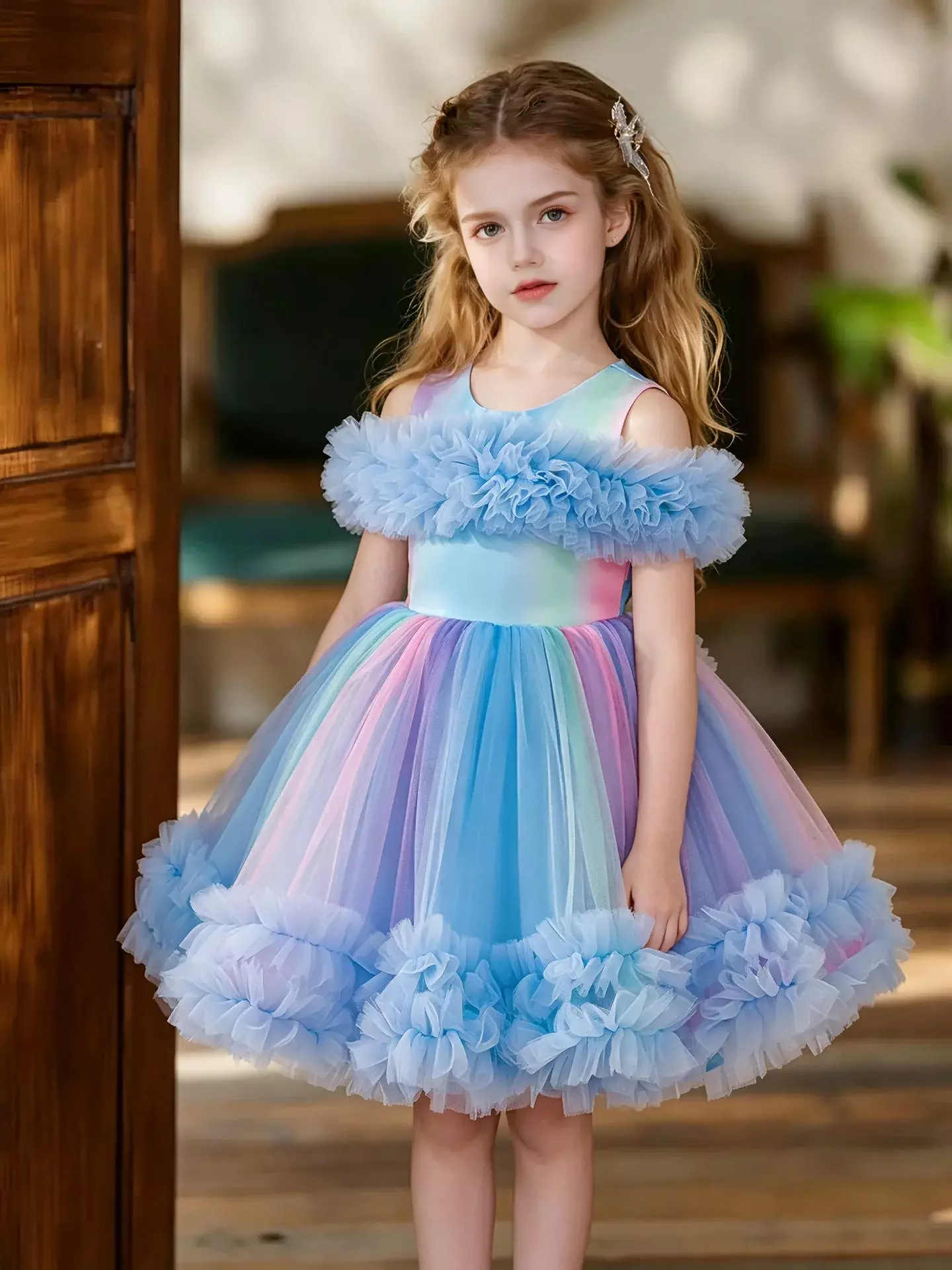 Leolia Blue Layered Tulle Knee Length Girls Party Dress