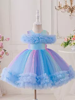 Leolia Blue Layered Tulle Knee Length Girls Party Dress
