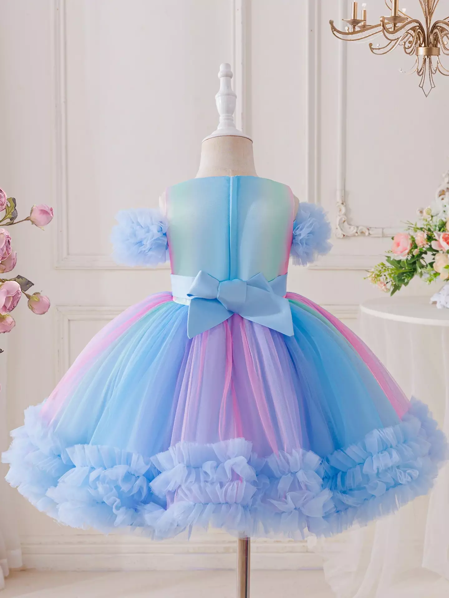 Leolia Blue Layered Tulle Knee Length Girls Party Dress