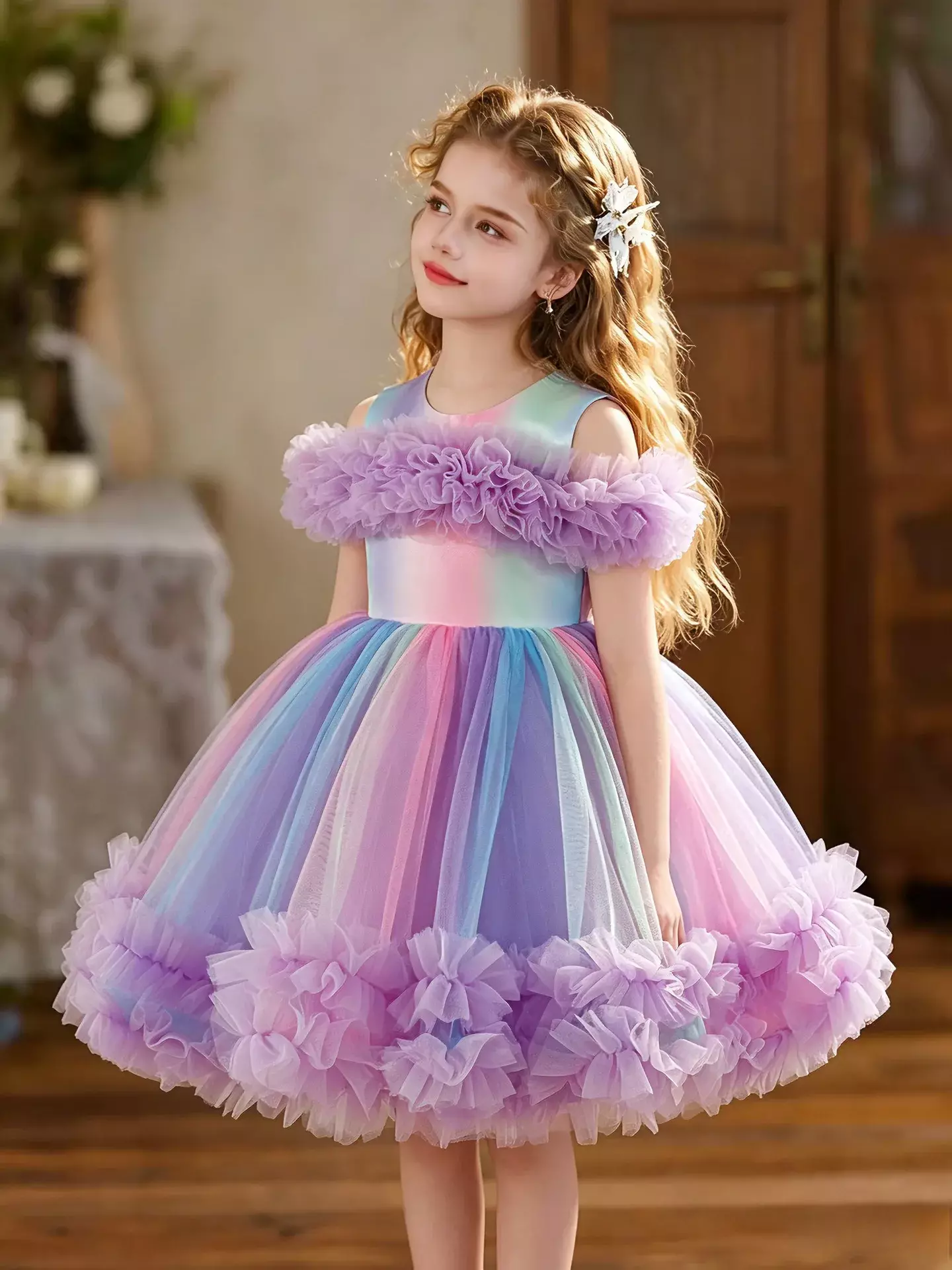 Leolia Lavender Ruffle Neck Knee Length Girls Party Dress