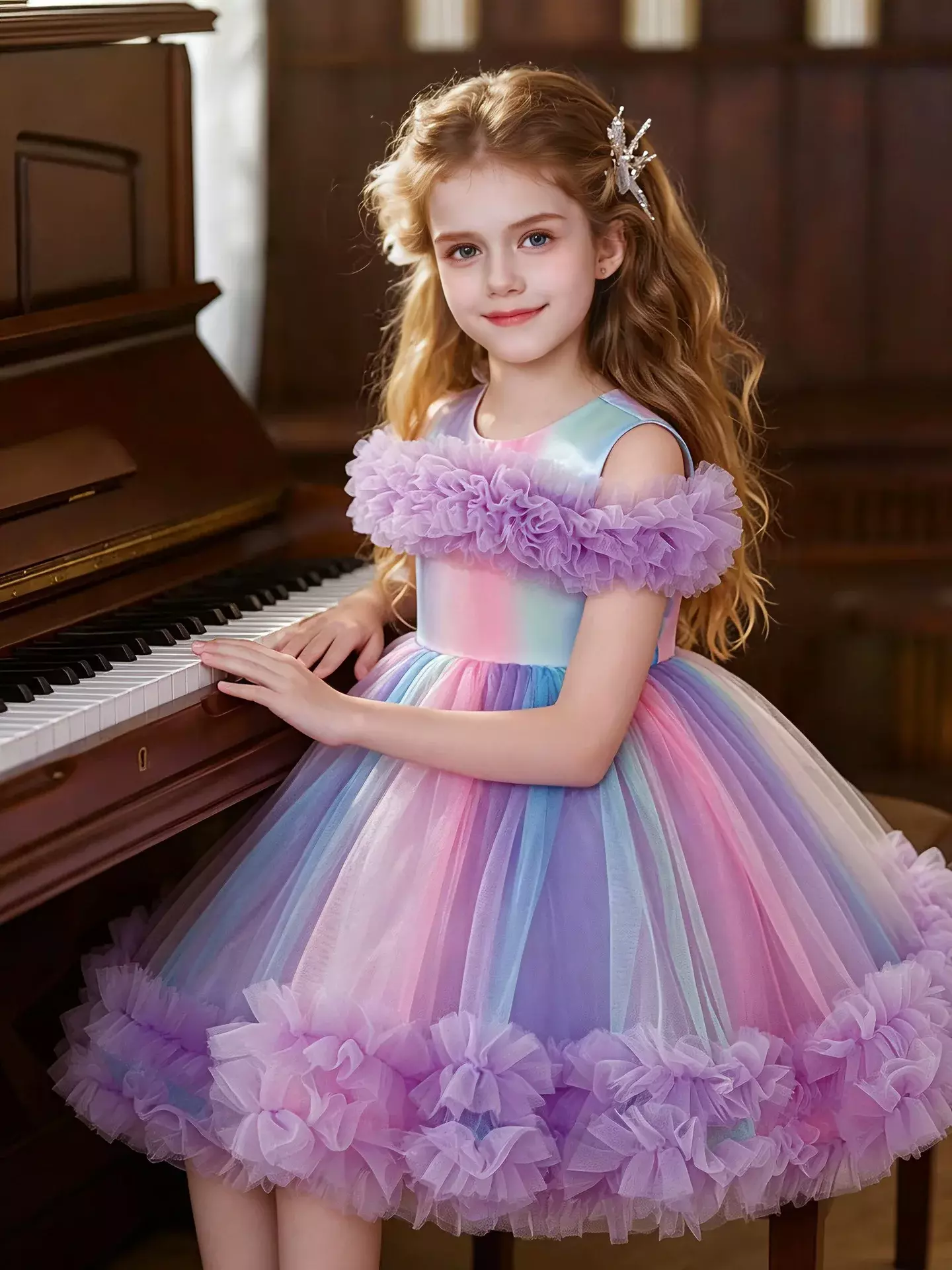 Leolia Lavender Ruffle Neck Knee Length Girls Party Dress