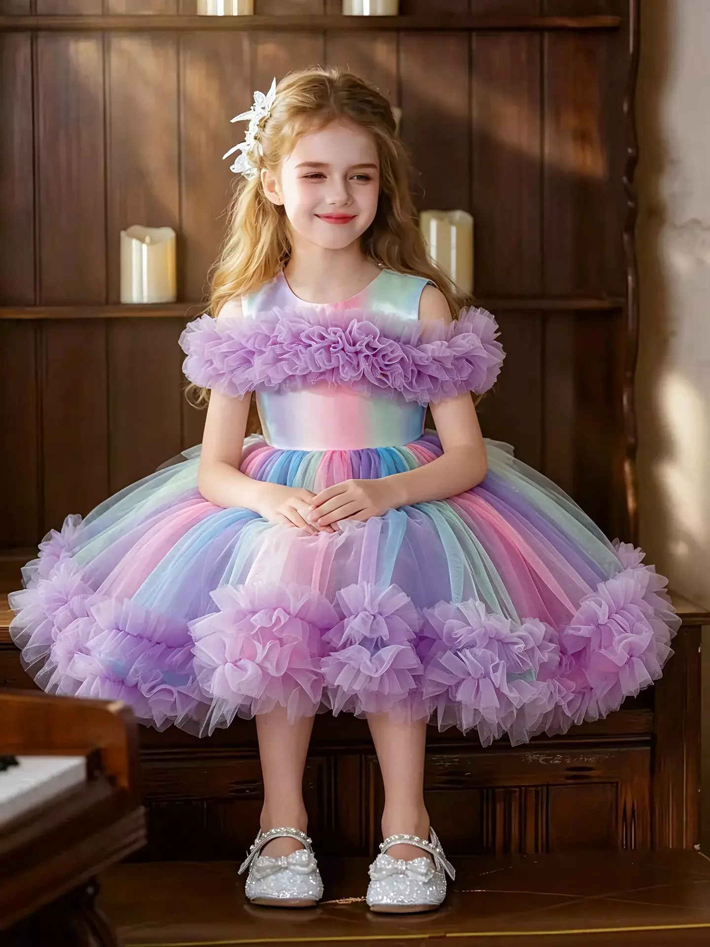 Leolia Lavender Ruffle Neck Knee Length Girls Party Dress