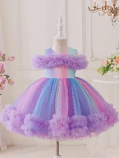 Leolia Lavender Ruffle Neck Knee Length Girls Party Dress