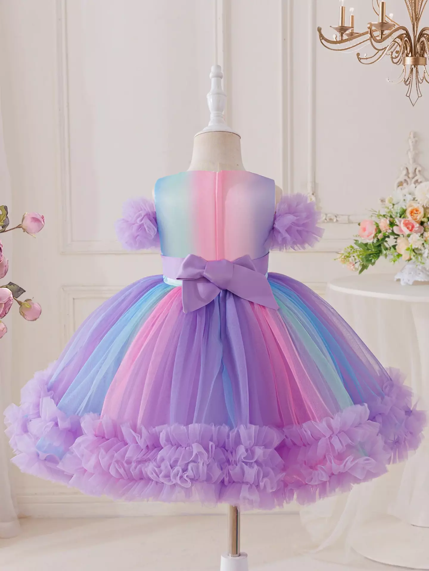 Leolia Lavender Ruffle Neck Knee Length Girls Party Dress
