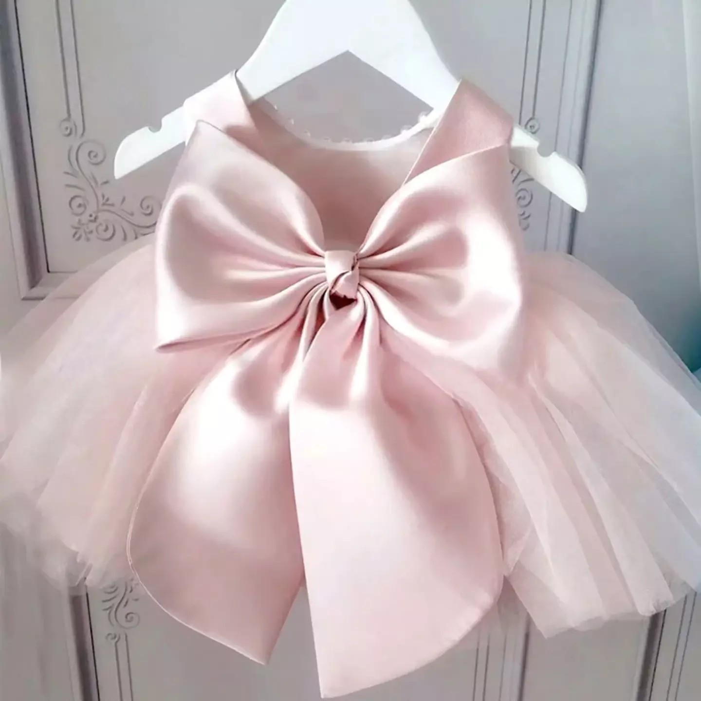 Elvina Peach Pink Pearl Neck Bow Waist Girls Party Dress