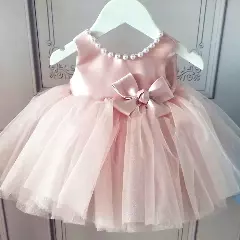 Elvina Peach Pink Pearl Neck Bow Waist Girls Party Dress