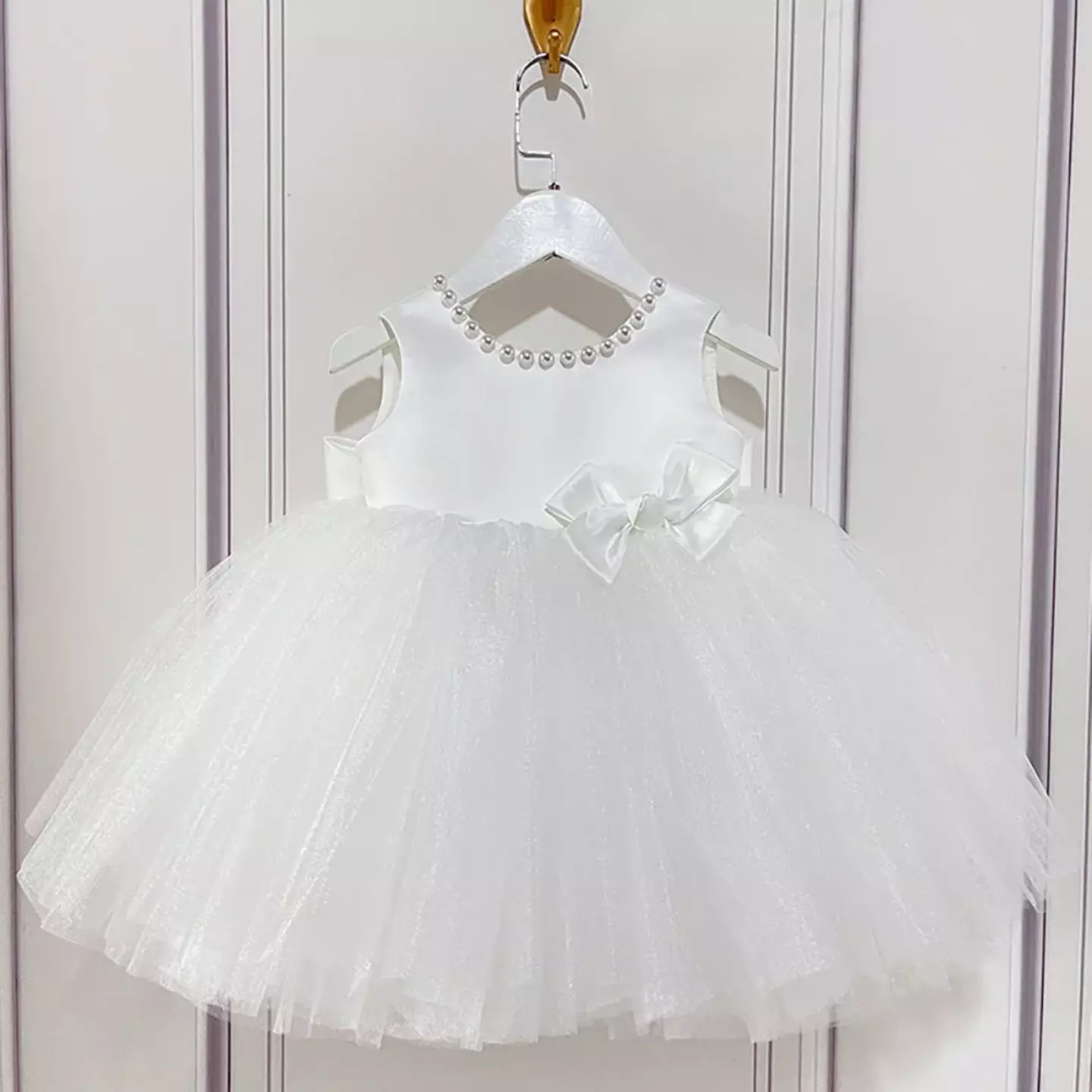Elvina White V-Back Bow Pearl Neck Girls Flower Girl Dress