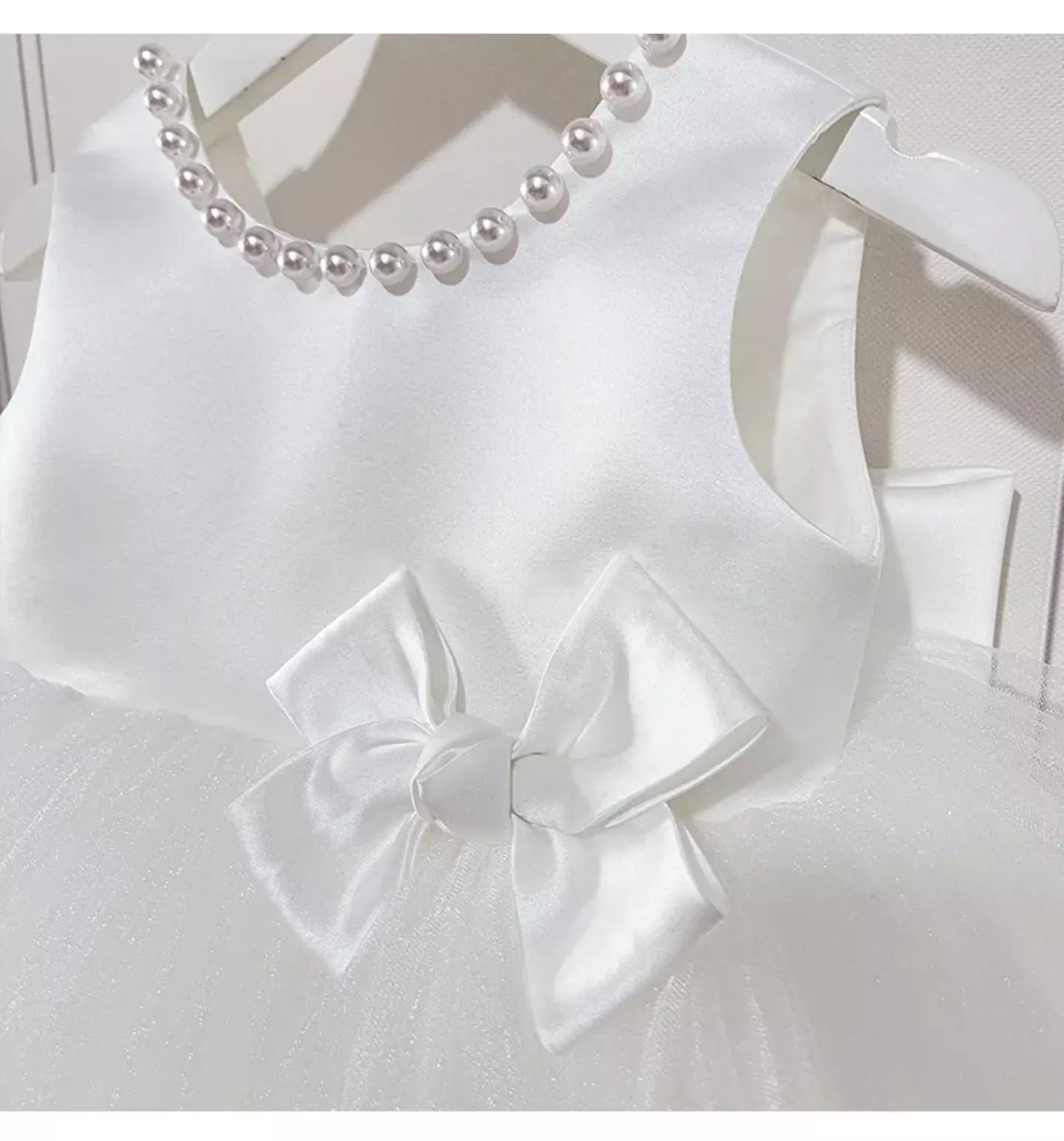 Elvina White V-Back Bow Pearl Neck Girls Flower Girl Dress
