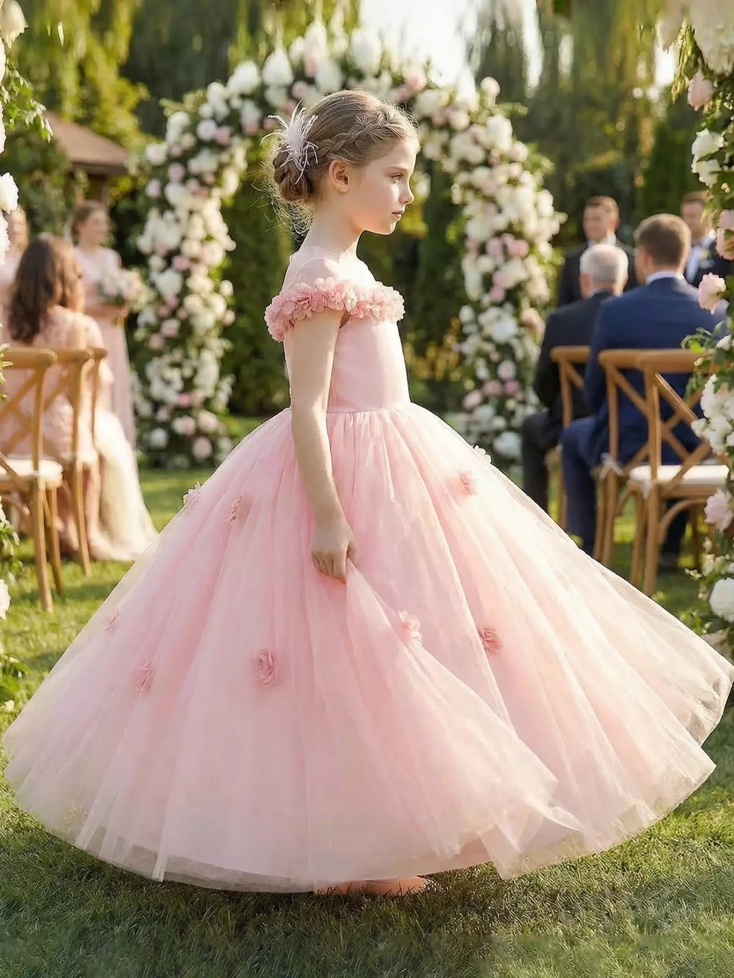 Himeno Peach Pink Floral Trim Tulle Floor Length Girls Party Dress