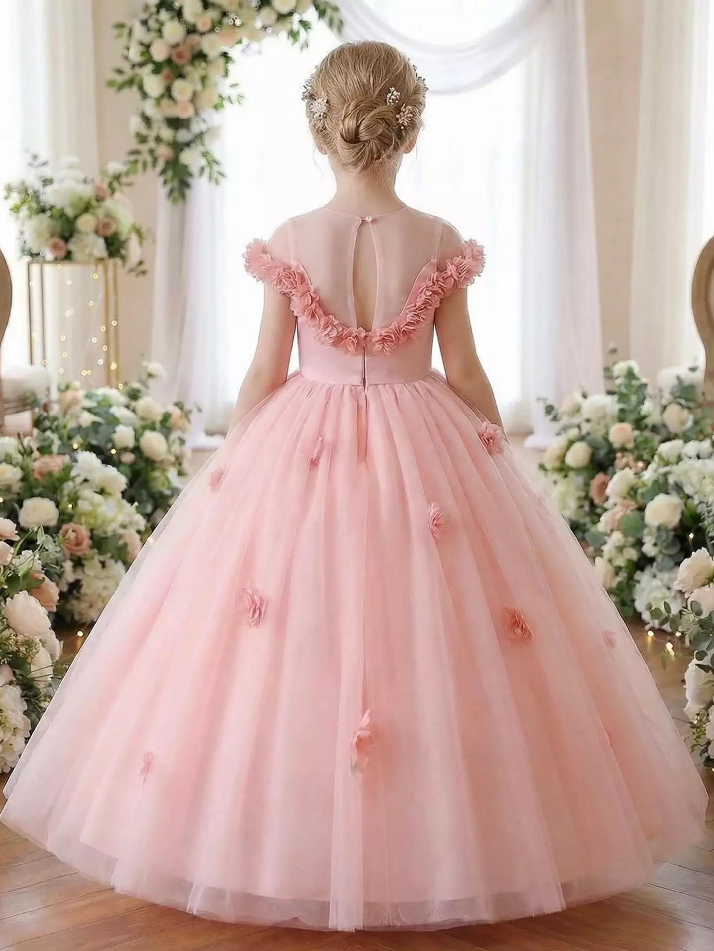 Himeno Peach Pink Floral Trim Tulle Floor Length Girls Party Dress